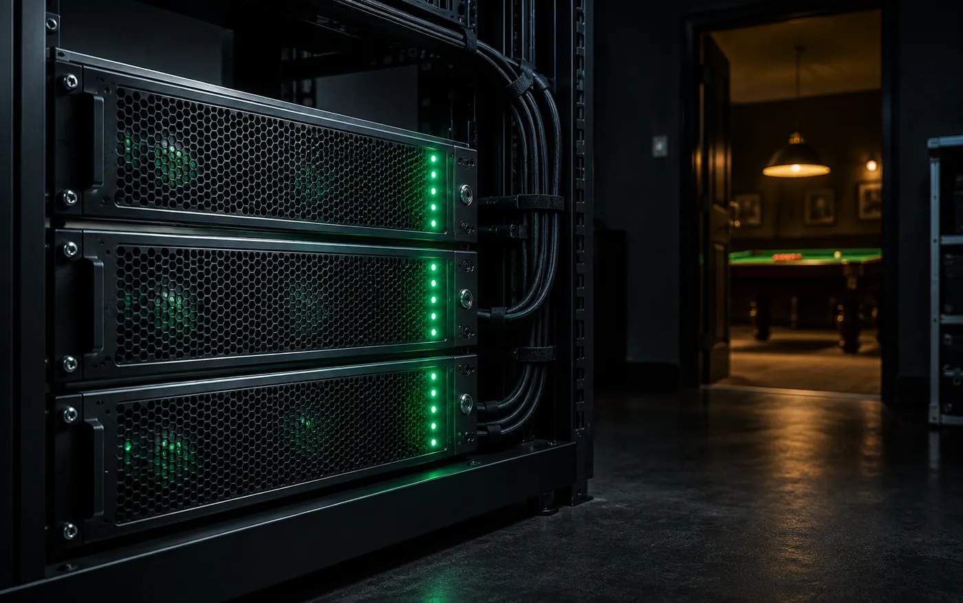 Server racks behind a snooker venue